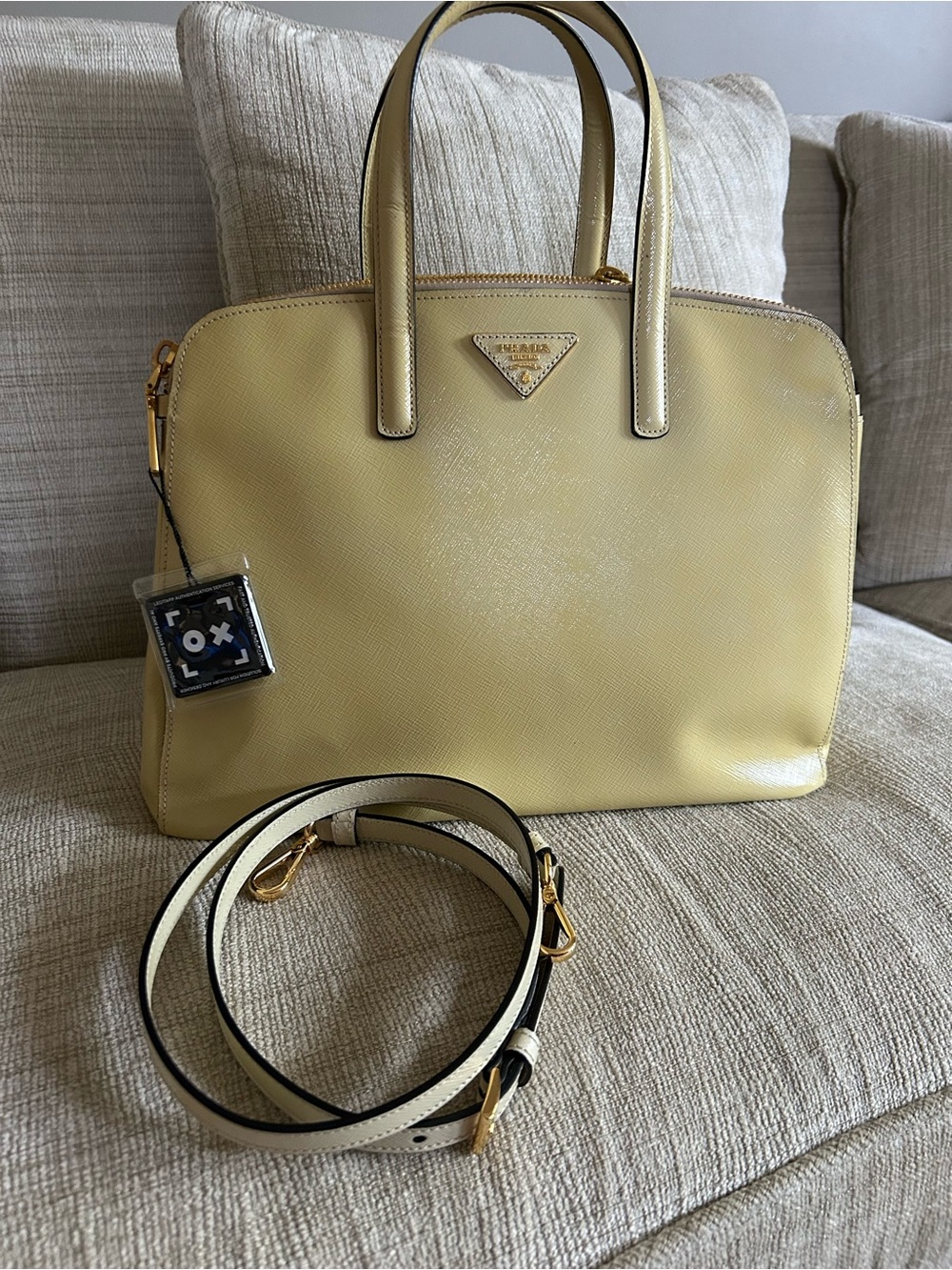Prada Pale Yellow Saffiano Leather Dome Satchel with Removable Strap